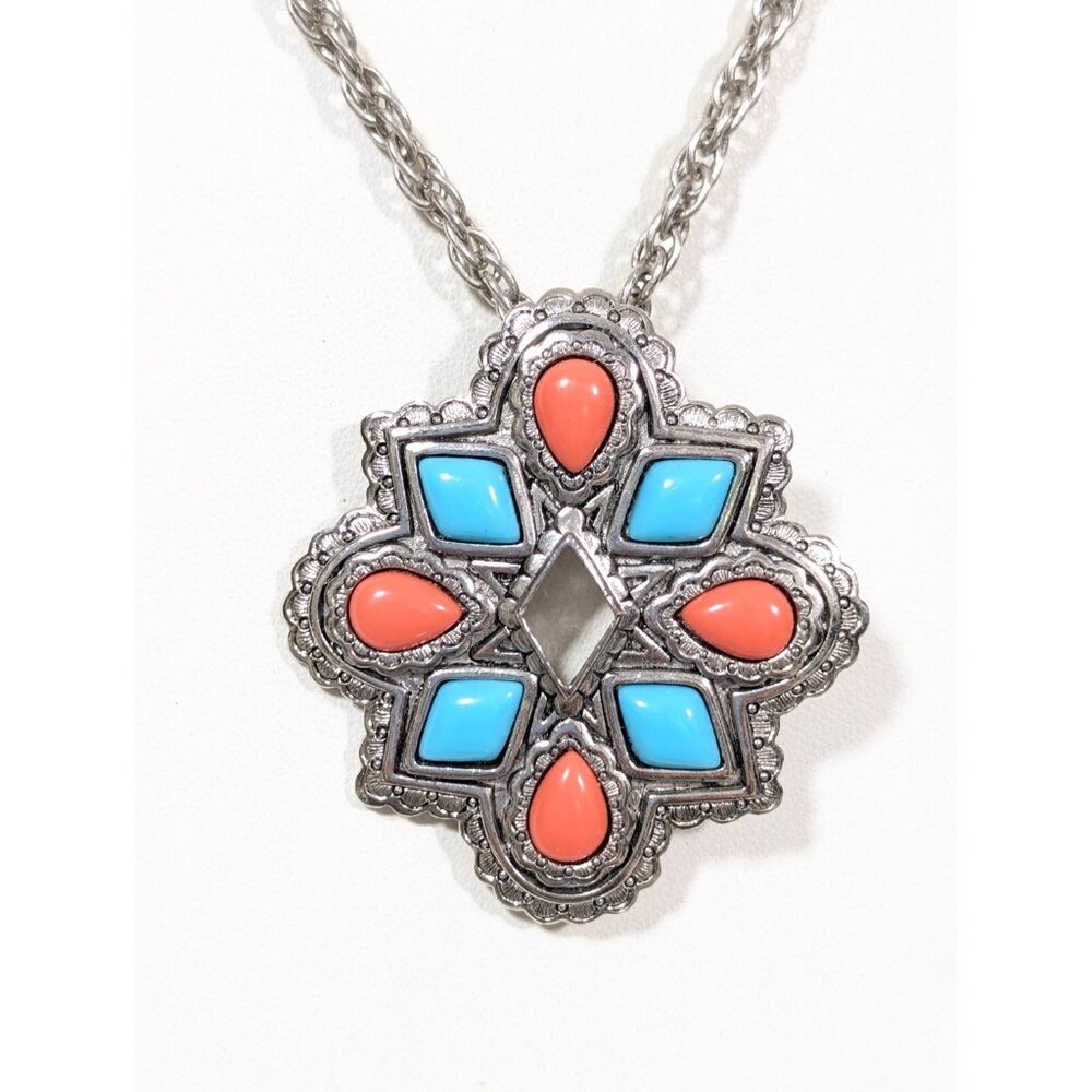 Vintage Avon American Spirit Necklace Faux Turquoise Orange Concho‎ Brooch 30"
